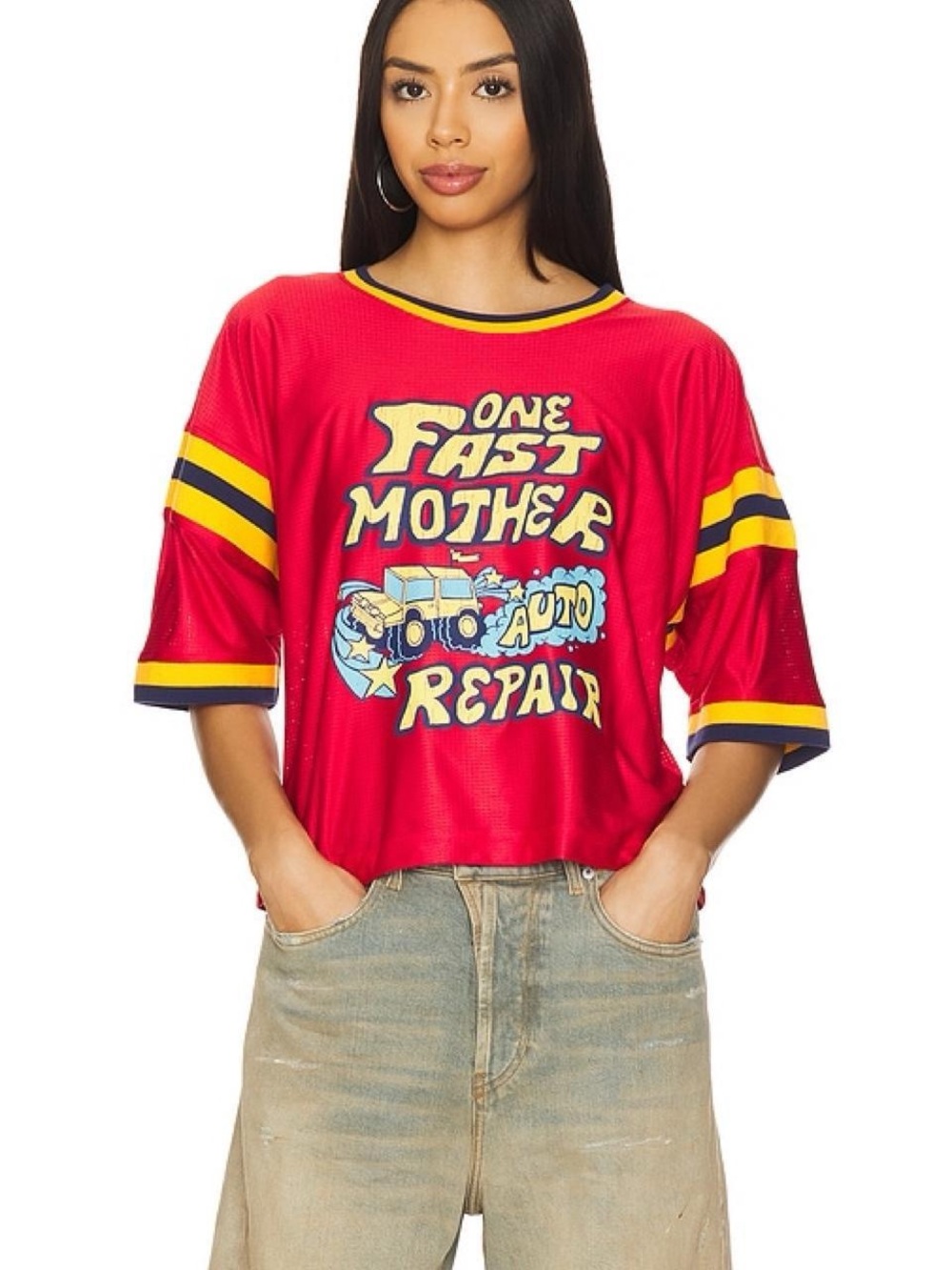 MOTHER Red Graphic Crop Jersey with Yellow & Navy Stripes